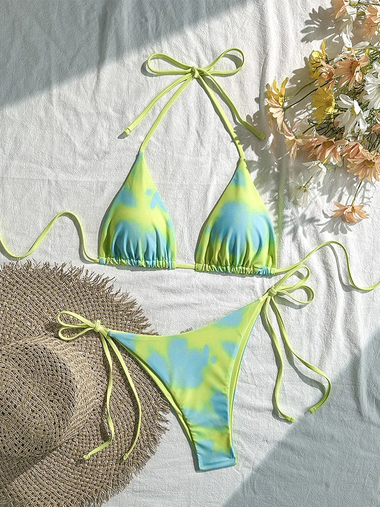 Voguable Sexy Laced Up Gradient Bikini Women Split Swimsuit Beach Vacation Bikini New All Season Backless Bikinis 2 Piece Set voguable