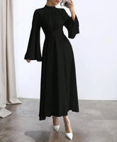 Voguable Autumn and Winter New Black Stand up Collar Waist Long Dress Women's Long Sleeve Retro Trumpet Sleeve Solid Color Dress voguable