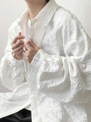 2XL White New Crumpled Jacquard Shirt Loose Fashion Solid Color Casual Turn-down Collar Top New All-match Bat Wing Sleeve P7W voguable