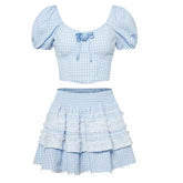 Voguable 2024 Summer Lolita Kawaii Suit Woman Lace Sweet Plaid Set Casual Short Tops Princess Party Y2k Mini Skirt Fashion Clothing Chic voguable