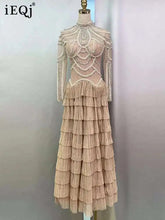 Solid Beaded Design Dresses For Women Round Neck High Waist Long Sleeve Elegant Dress Female Spring 2025 New voguable