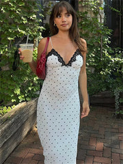 Lace V-Neck Patchwork Maxi Dress Women Backless High Waist Slim Spaghetti Contrast Party Dress Female Spring Long Dress