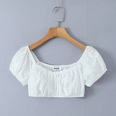 Voguable 2024 Sexy Corset White Embroidery Flower Ruched Chest Elastic Shoulder Crop Top Women Short Puff Sleeve Tanks Top High Waist tee voguable