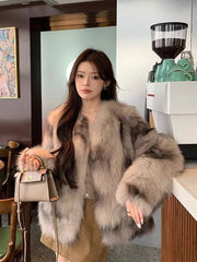 Slim Women Faux Fur Coat Long Sleeve Elegant Vintage Faux Fox Jacket Korean Retro Winter Warm Long Sleeve Female O Neck Tops New voguable