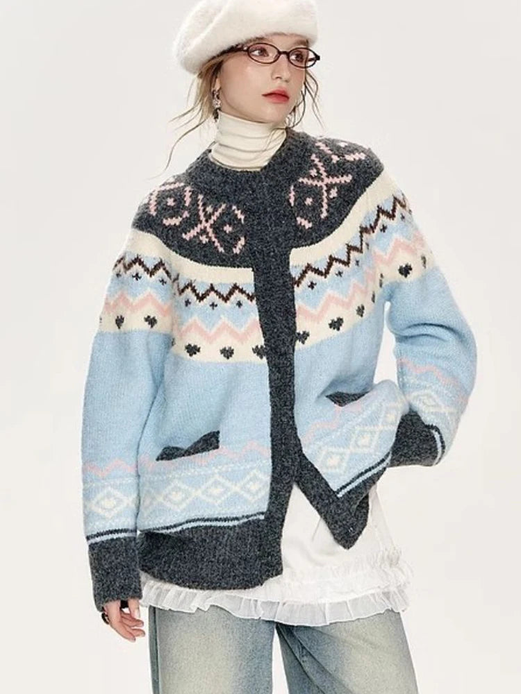 American Retro Print Cardigan Women Loose Lazy Wind Harajuku Knitted Sweater Casual Fall Winter Vintage O Neck Female Y2K Tops voguable