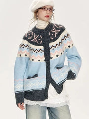 American Retro Print Cardigan Women Loose Lazy Wind Harajuku Knitted Sweater Casual Fall Winter Vintage O Neck Female Y2K Tops voguable