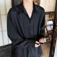 Korean Style Men's Shirts Turn-down Collar Detachable Tie Lace-up Design Single Breasted Casual Solid Color Male Tops 9W180 voguable