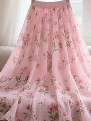 Chiffon Pink Floral Long Skirt Women Elegant Loose High Waist Chic Sweet Skirts Summer Casual Korean Fashion Long Skirts voguable
