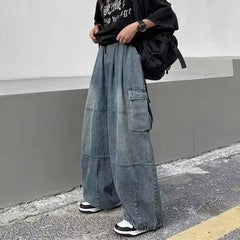 2024 Spring Autumn Men Baggy Jeans Men Wide Leg Pants Big Pockets Elastic Waist Streetwear Trousers Male Loose Denim Pants voguable