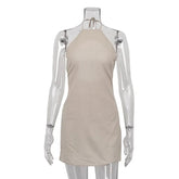 Voguable Solid Linen-cotton Halter Dress Women Casual Sleeveless Backless Off Shoulder A-line Mini Dresses Lady Holiday Street Gown voguable