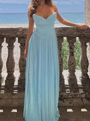 Fashion Strapless Women Pleated Hem A-line Dress Sexy Backless Sleeveless High Waist Maxi Dress Female Chic Party Evening Robes voguable