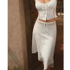 Mesh Patchwork White A-line Midi Skirt Women Back Swing Holiday Summer Skirts