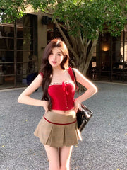 Voguable Harajuku 2000s Aesthetic Outfits 2 Piece Skirt Set Gyaru Off Shoulder Red Tank Top + Japanese Vintage Pleated Skirt Coquette Y2K voguable