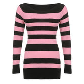 Stripe Off-Shoulder Sweater Mini Retro Dress mysite