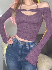 Y2K Top Women Long Sleeve T-Shirts 2 Piece Tops Halter Tanks Backless Crop Top Off Shoulder Tees Sexy Christmas Clothes voguable