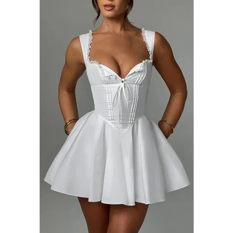 Corset Dress Women Sexy Clothes Solid Color Square Collar Sleeveless Ruffle Hem A Line Mini Dress Club Party Dresses voguable