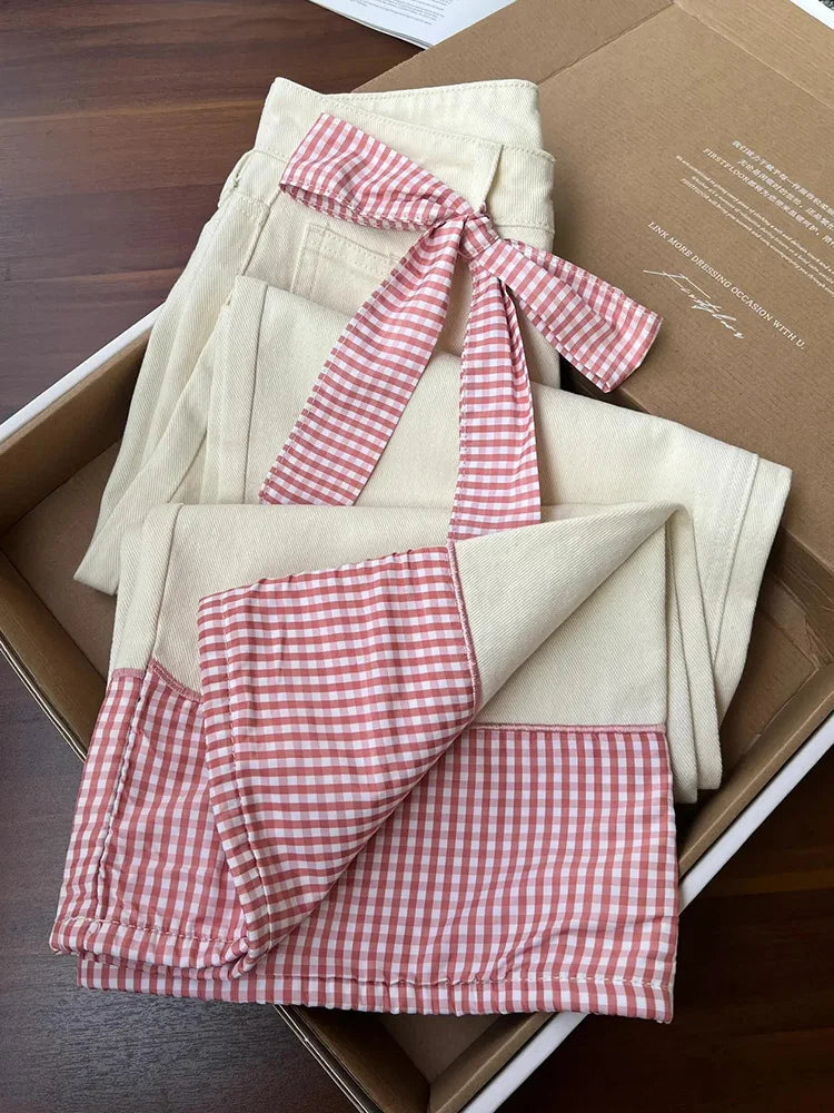 Plaid Patchwork Sweet Jeans Women Elegant Bow High Waist Denim Pant Fall Winter Loose Casual Female Fashion Wide Leg Trousers voguable