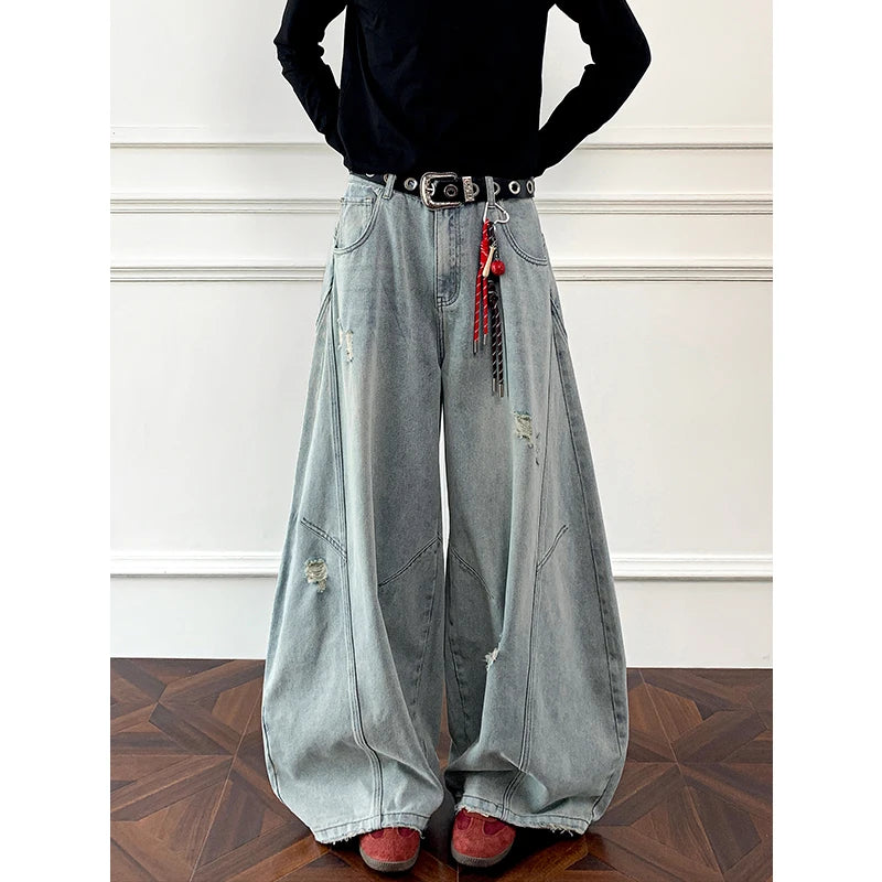 Loose Fit Jeans Men Baggy Wide Leg Denim Pants Patchwork Ripped Light Blue Wash Hip Hop Streetwear Fashion New 2025 autumn jeans voguable