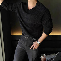 New Korean Fashion Men T-shirt Luxury Knitted Solid Color O Neck Long Sleeve Tees Casual Premium Quality Textured Knitwear M-3XL voguable