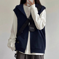 American Retro Sleeveless Hooded Zippered Cardigan Jacket for Women's Autumn Winter Hoodies Camisole Top Vest Jacket voguable