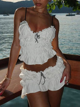 Sexy Lase-up Sweet Shirring 2 Piece Set Women Low-Neck Backless Ruched Camisole+Tierred Skirts Y2K Fashion Streetwear voguable