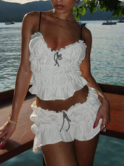 Sexy Lase-up Sweet Shirring 2 Piece Set Women Low-Neck Backless Ruched Camisole+Tierred Skirts Y2K Fashion Streetwear voguable