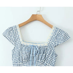 Women Casual Vintage Plaid Dress Elegant Square Neck Short Sleeve A-line Summer Long Dress Vacation Maxi Robe voguable