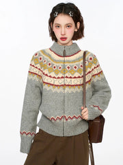 Vintage Harajuku Print Cardigan Sweaters Women Soft Streetwear Long Sleeve Knitted Jacket Retro American Casual Zipper Gray Tops voguable