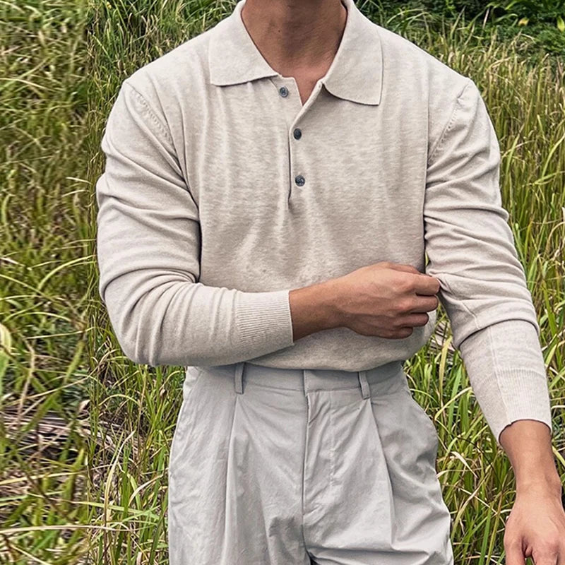 New Korean Fashion Men Polo Sweater Light Luxury Knitted Solid Color Long Sleeve Pullover Premium Quality Skin-friendly Knitwear voguable