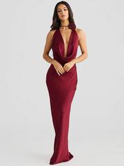 Satin Halter Backless Sexy Maxi Dress Women Gown Elegant Solid Sleeveless Lace-up High Waist Evening Club Long Dress voguable
