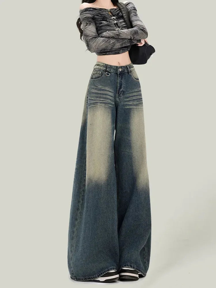Women Streetwear Retro Jeans Loose High Waist Y2K Denim Pants Casual American Harajuku Fall Female Pockets Wide Leg Trousers New voguable
