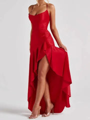 Satin Spaghetti Strap Ruffled Sexy Maxi Dress For Women Gown Red Off-shoulder Sleeveless Backless High Split Long Dress voguable