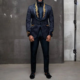 Voguable Black Floral Men Suits with Buttons Shawl Lapel Jacket with Pants 2 Piece Wedding Groom Tuxedo ( Blazer + Trousers) voguable