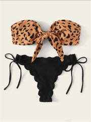 Beach Bikini Woman Sexy Front Lace Up Tie Bandeau Leopard Swimsuit Female Push Up Ruffled Bow Bathing Suit Thong Swimwear