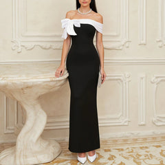 Women's Dresses All Season Korean Elegant Bowknot Raglan Sleeve Boat Neck Maxi Lettuce Trim Sweet Dating Dresses voguable