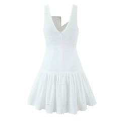 Front Button Hollow Out Embroidery White Tank Dress For Women Sleeveless Low Waist A-line Mini Holiday Summer Dresses voguable