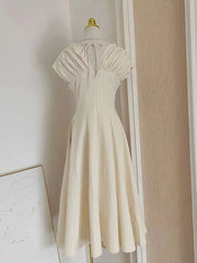 Solid Folds Design Dresses For Women Short Sleeve High Waist V Neck Elegant Long Dress Female Autumn 2025 New voguable