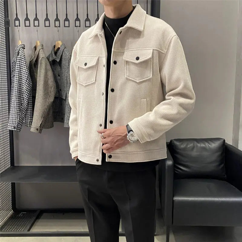 Autumn Winter New Fashion Turn-down Collar Long Sleeve Solid Jackets Men's Clothing Casual Korean Button Pockets Trend Youth Top voguable