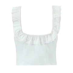 Yellow White Ruffle Square Neck Tank Top Women Front Button Sleeveless Holiday Summer Tops Cotton ropa de mujer