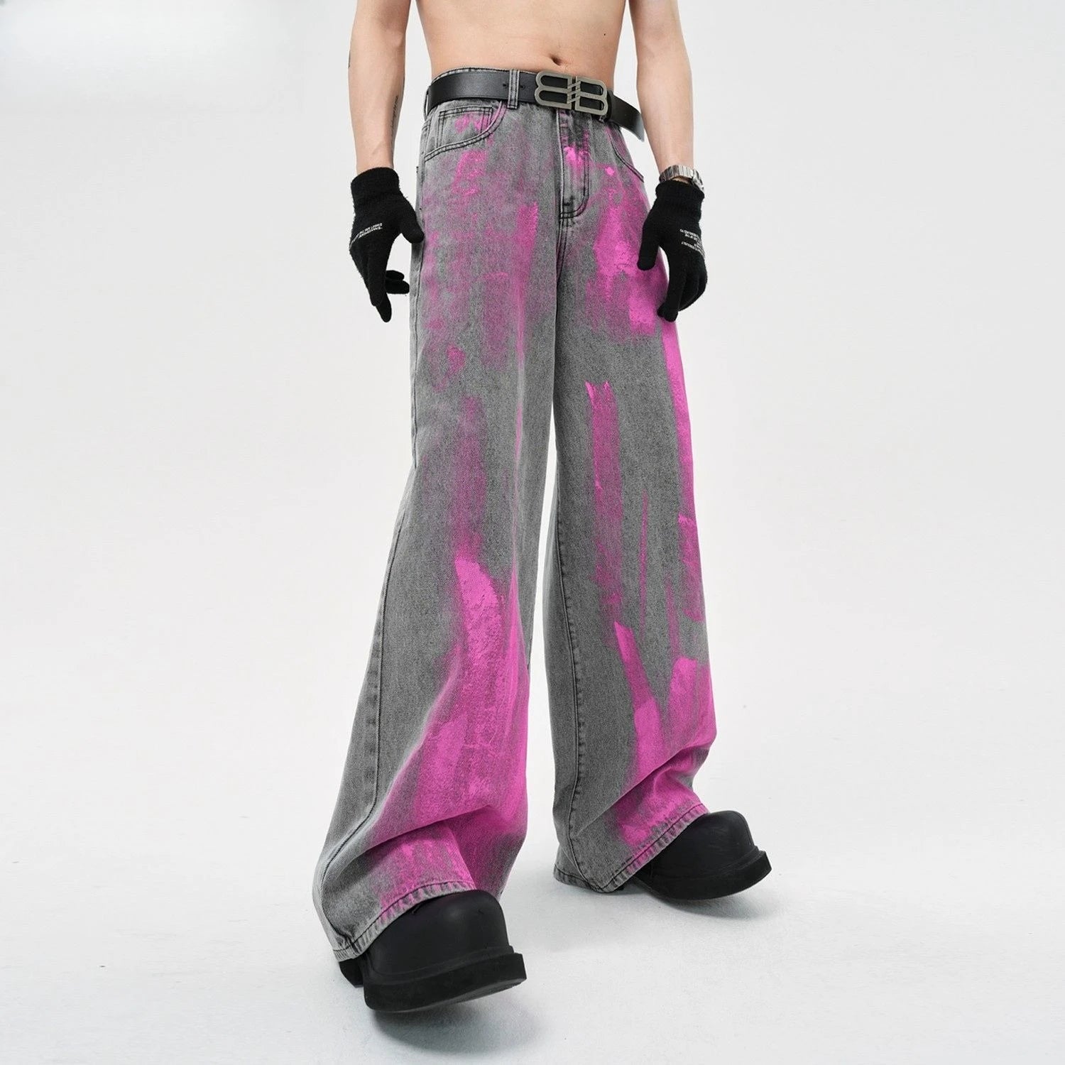 Coated Jeans Men's American High Street Wasteland Gray Wide-leg Pants Men Women A-type Smoke Gray Floor Pants 2025 voguable