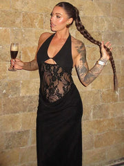 Sheer Lace Hollow Out Sexy Maxi Dress For Women Gown Halter Deep V Neck Sleeveless Backless Bodycon Long Dress voguable