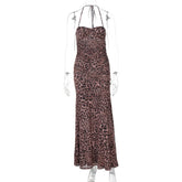 Leopard Print Backless Sexy Maxi Dress For Women Gown Halter Off-shoulder Sleeveless Bodycon Beach Long Dress Vestido voguable