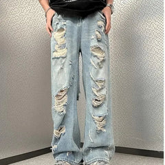 Vintage Distressed Straight-leg Jeans American Style Slimming Bell Bottoms Loose Fit High-waisted Summer Thin Version For Men voguable