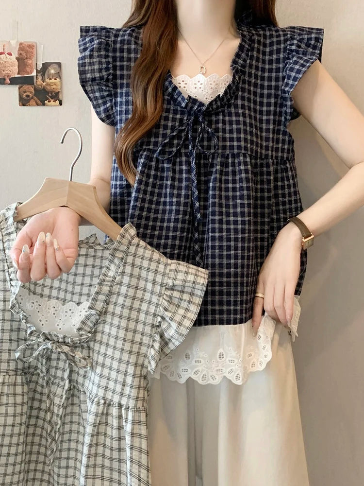 Lace Patchwork Plaid Shirt Women Casual Loose Flying Sleeve Vintage Blouse Preppy Style Sweet Korean Lady Retro Summer Tops voguable