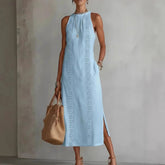 Voguable European and American - spring and summer women's clothes hanging neck vacation solid color lace splicing sleeveless dres voguable
