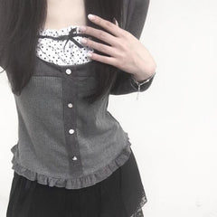 Voguable  Y2K Polka Dot Print Contrast Patchwork Knitted Tops Grey Autumn Spring Cute Bow T-shirts Slim-fit Long Sleeve Knitwear voguable
