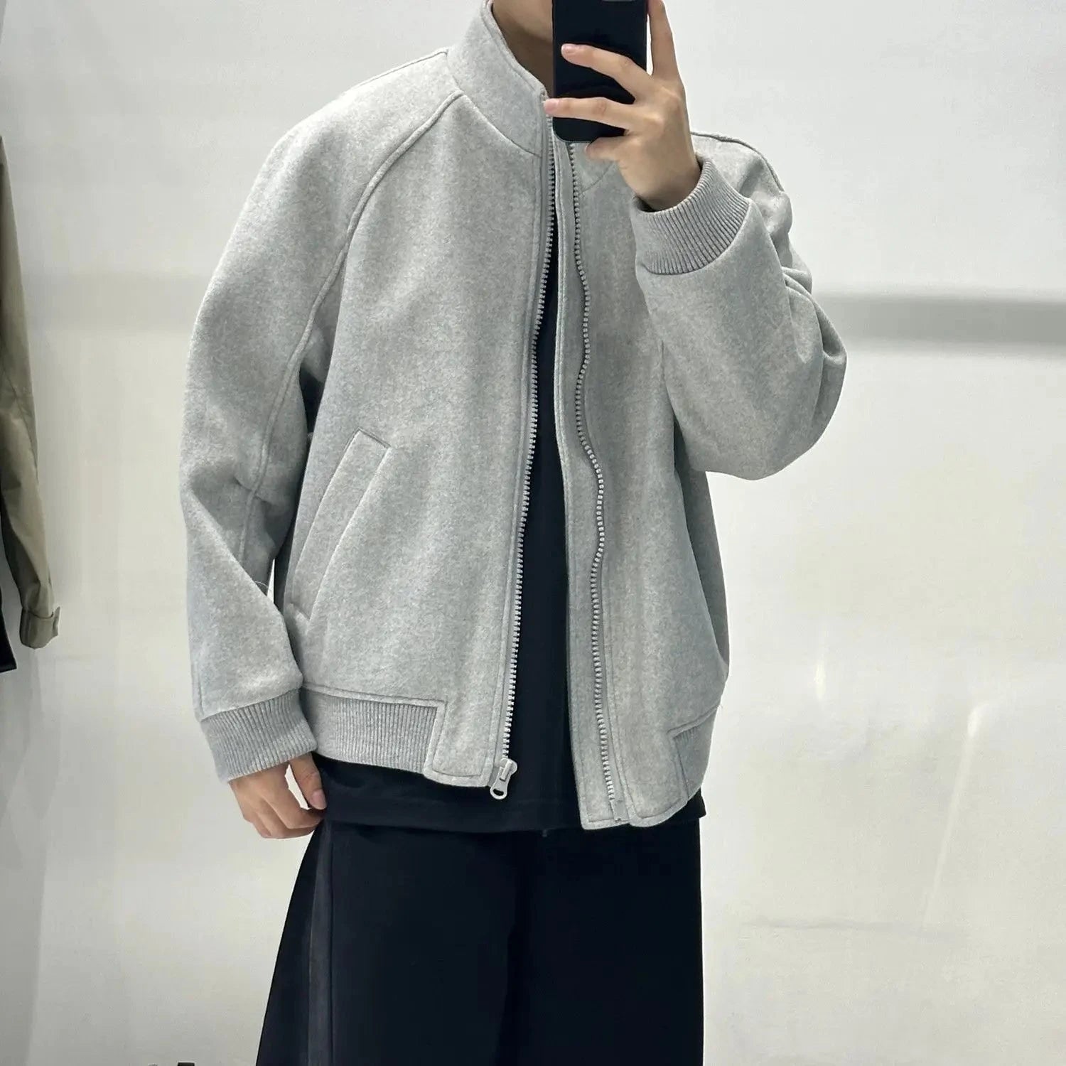 Korean Casual Sweatshirt Jacket Spring Autumn Winter Wear Cityboy Stand Collar Woolen Jacket Men Women Loose Solid Zipper Coat voguable