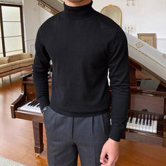 New Korean Fashion Men Sweater Light Luxury Trendy Turtleneck Knit Solid Color Pullover Leisure Retro Long Sleeve Basic Knitwear voguable