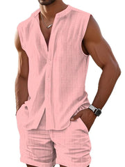 Summer Daily Casual Two Piece Sets For Men Leisure Breathable Sleeveless Vest Shirts And Shorts Outfits Mens Fashion Suits voguable