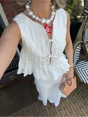 Elegant Solid Women Skirt Set Fashion O-neck Lace Up Sleeveless Pleated Vest Suit 2024 Lady White High Waist Long Skirts Outfits voguable